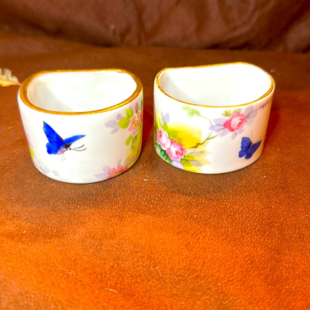 🐈‍⬛ Vintage Nippon Porcelain Napkin Rings Floral Design Set of  2 Butterfly